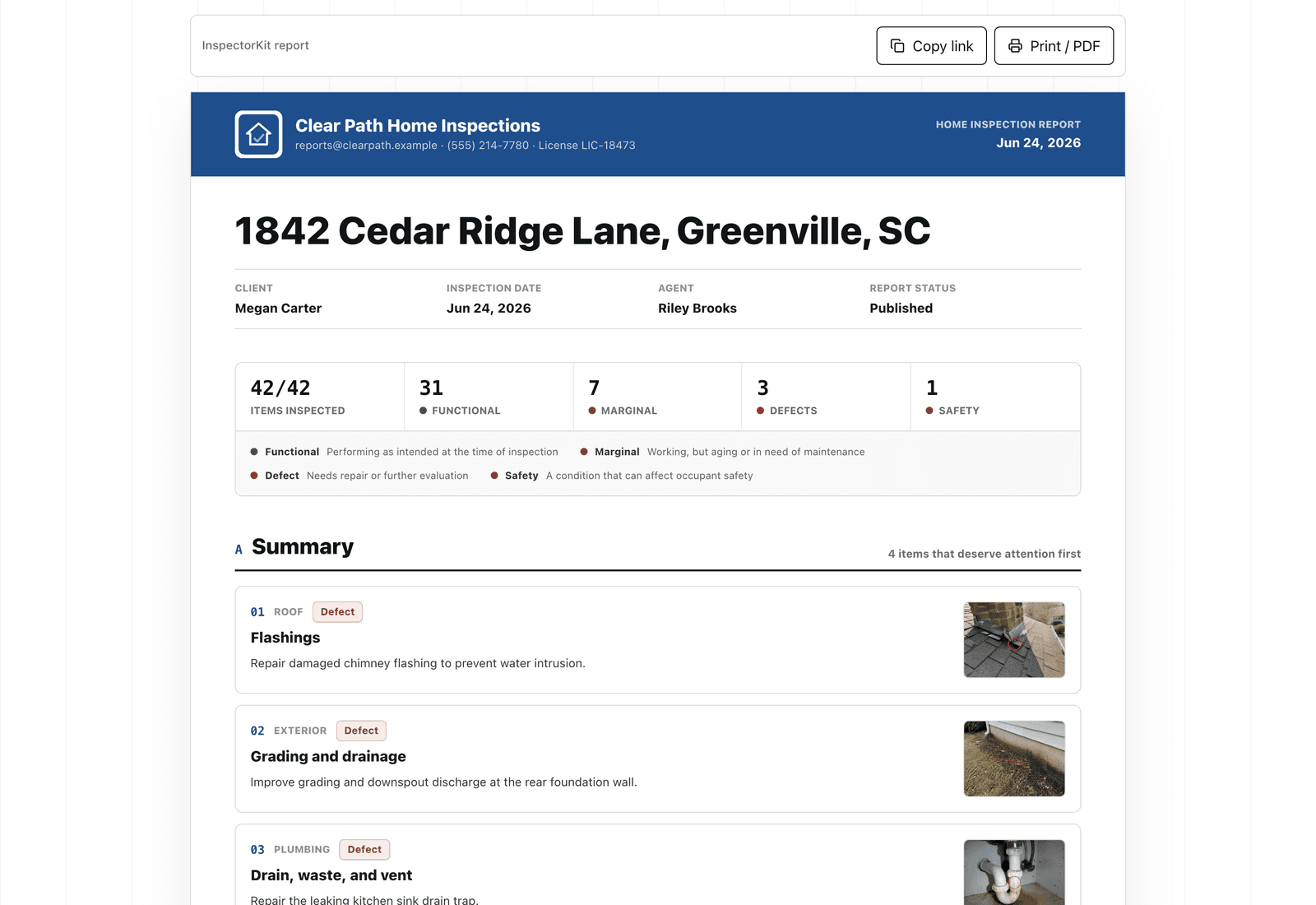 InspectorKit web report link open in a browser