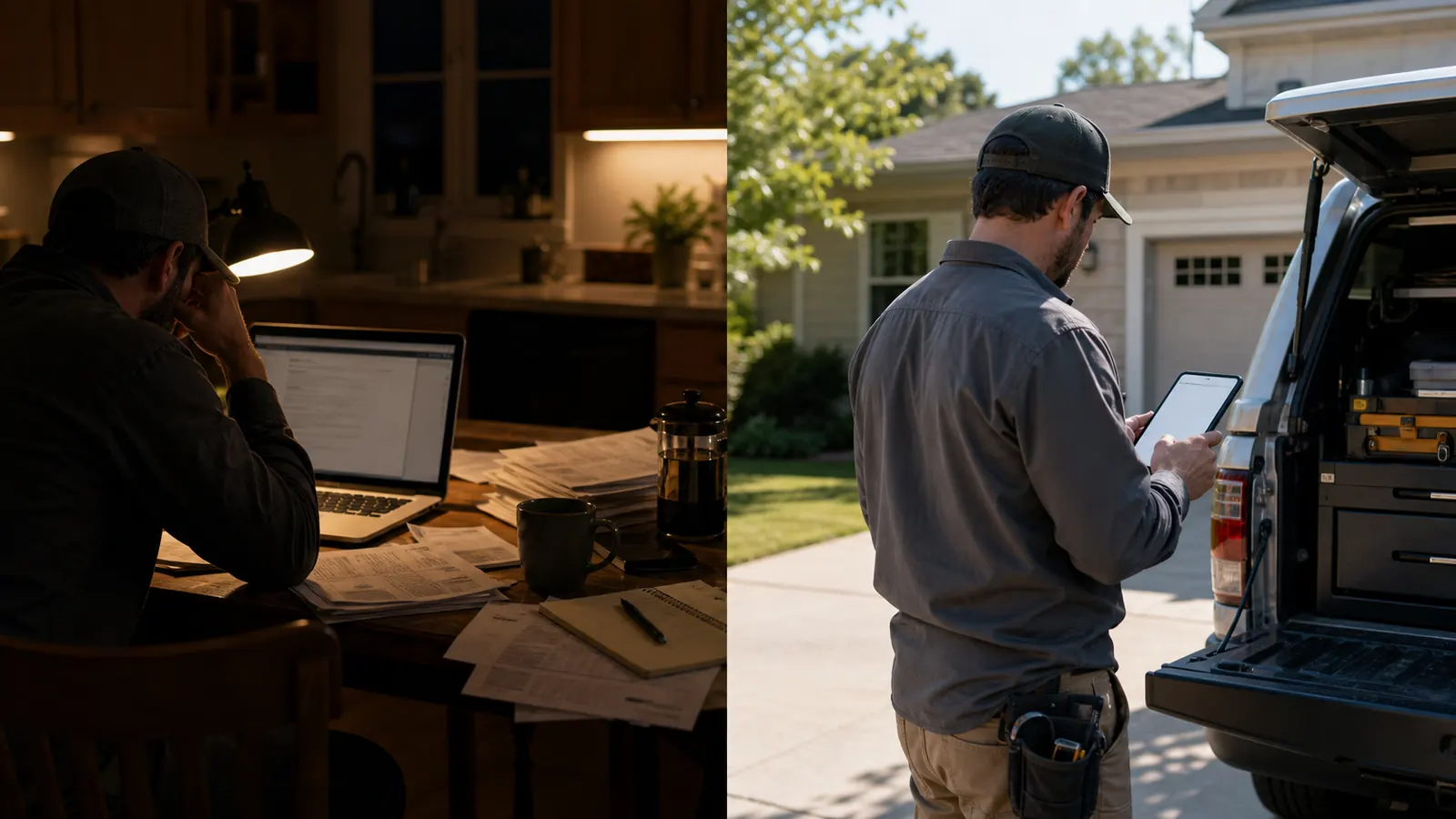 A late-night report-writing scene contrasted with sending a report from the driveway