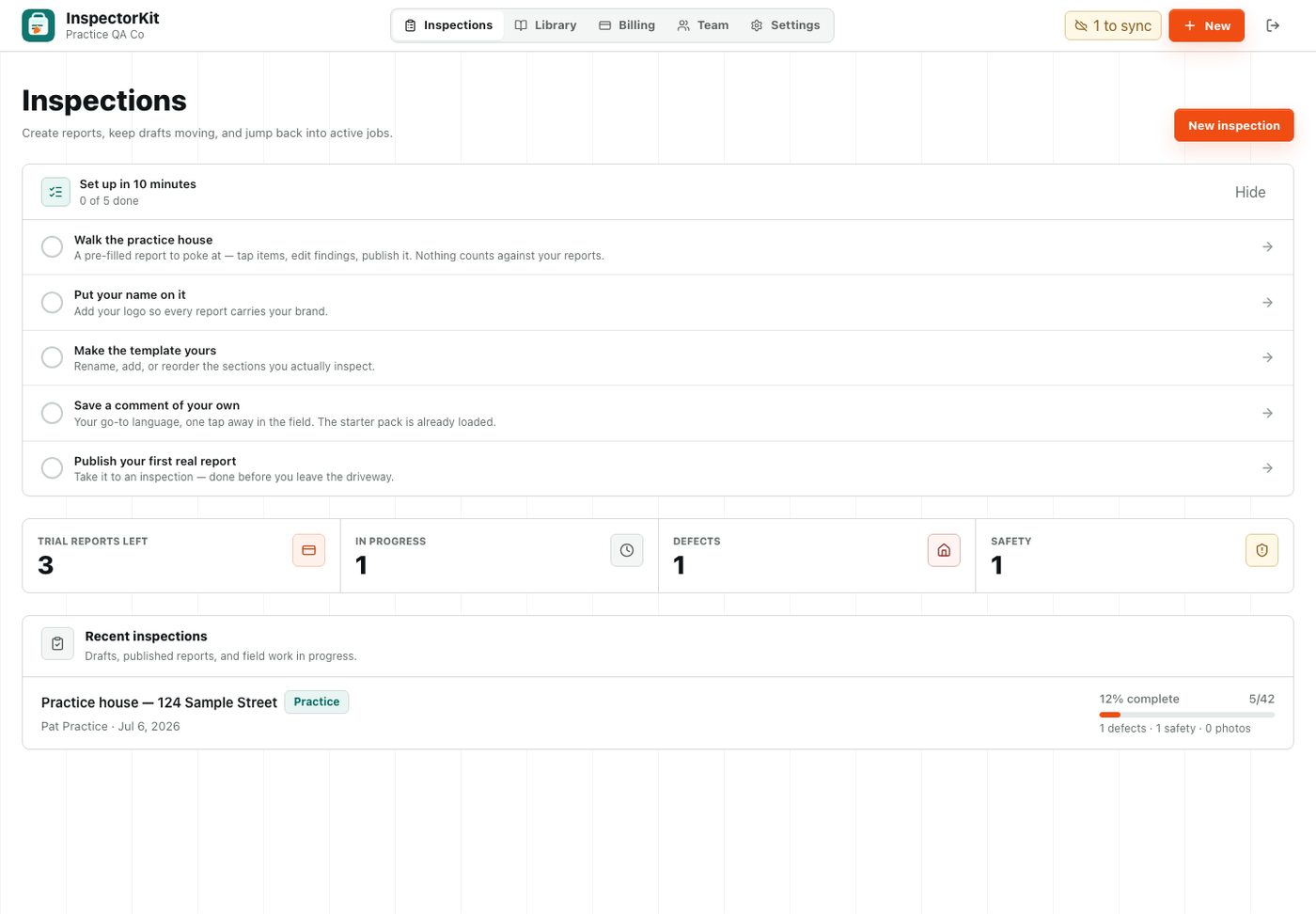 The InspectorKit dashboard on first sign-in, showing the getting-started checklist and the pre-loaded practice house inspection.