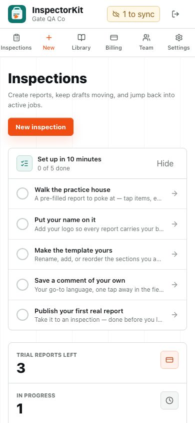 The InspectorKit dashboard on a phone, the screen size the whole field workflow is designed around.