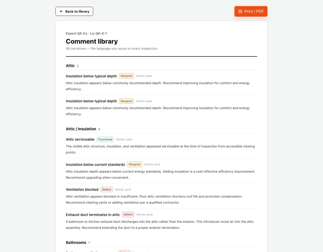 A printable comment library export, grouped by category, with each entry showing its condition, title, and full narrative text.
