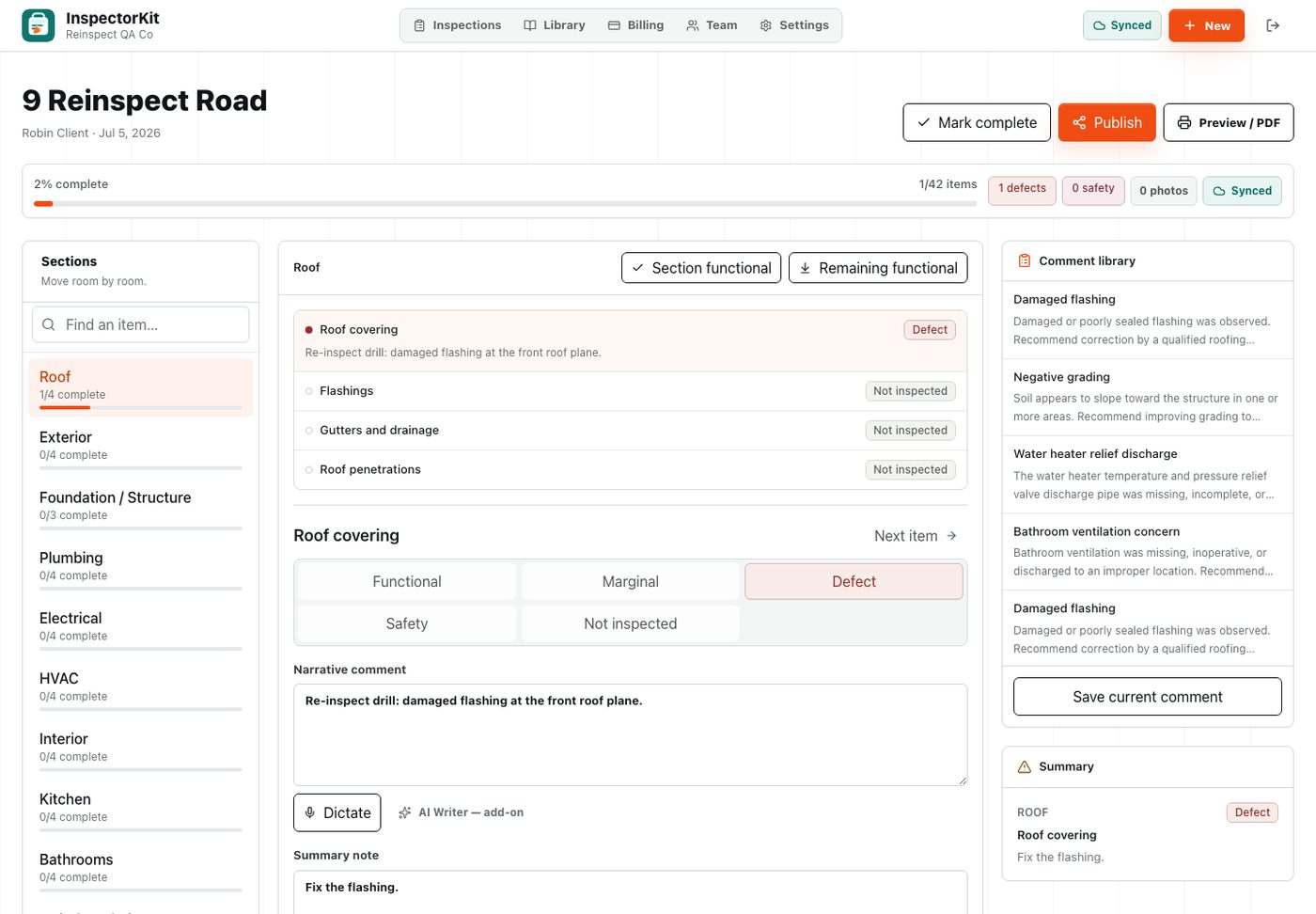 A re-inspection in the report builder, duplicated from the original report with the flashing defect carried over, ready to be updated with the verification outcome.